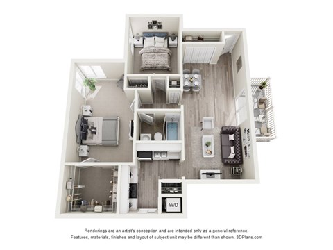 Floor plan for 2 beds, 1 bath, 970 sqft